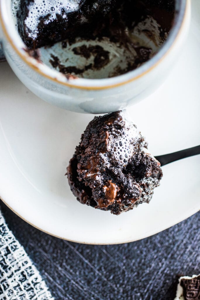 Bite of Oreo Mug Cake on a spoon resting on a plate