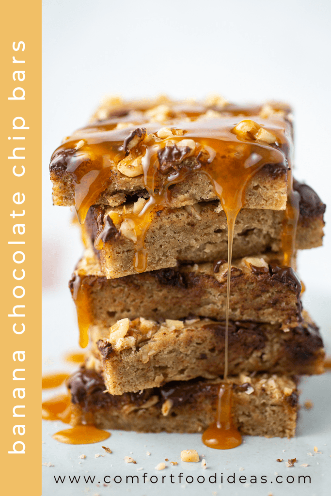 Banana Chocolate Chip Bars stacked with caramel drizzling off the edges