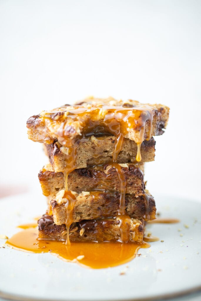 Stack of Banana Bars with Chocolate Chips and Caramel Drizzle