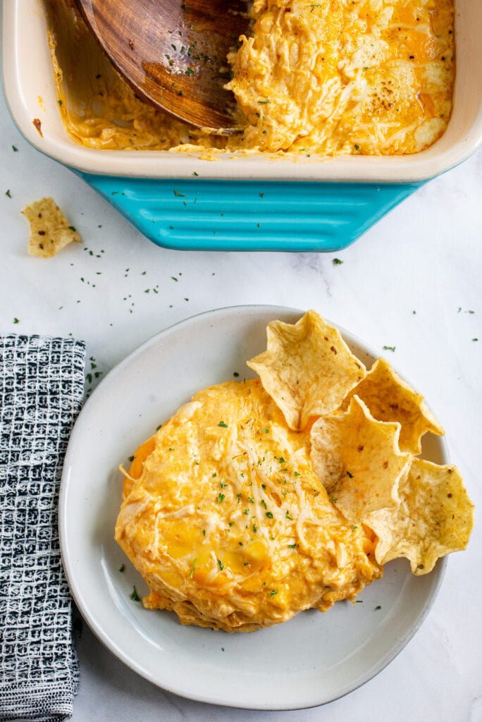 Plate of Buffalo Chicken Dip with chips