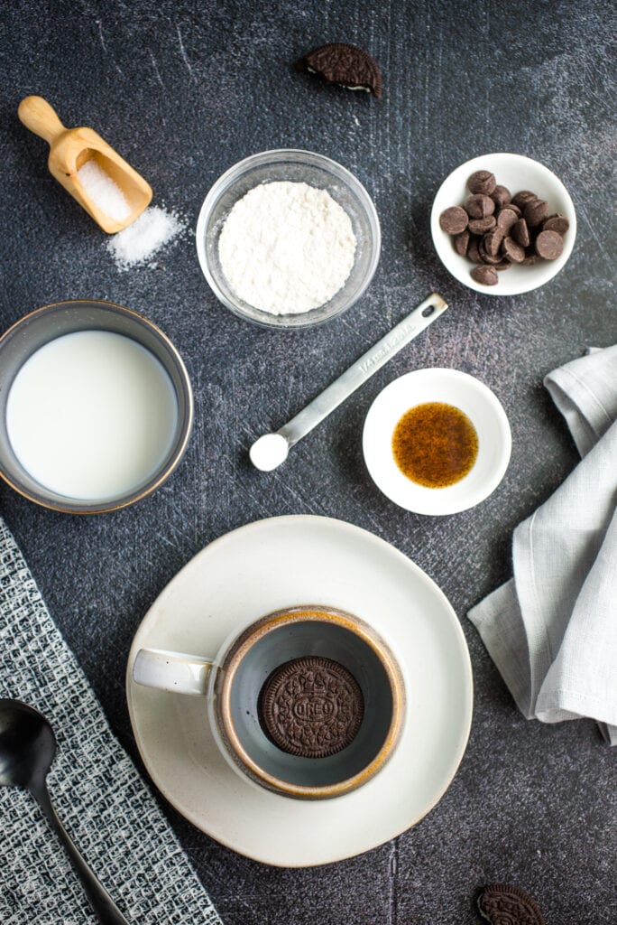 Ingredients shown to make Oreo Mug Cake