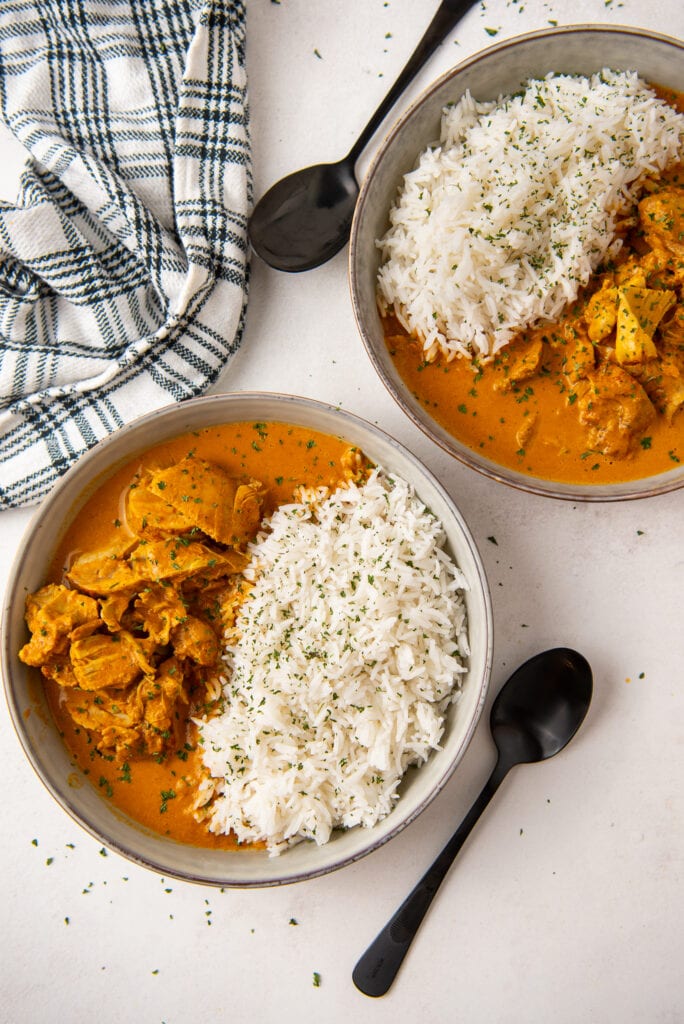 Two bowls of Instant Pot Butter Chicken with white rice