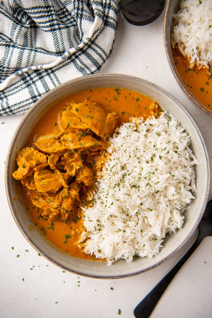 Bowl of Instant Pot Butter Chicken with White Rice