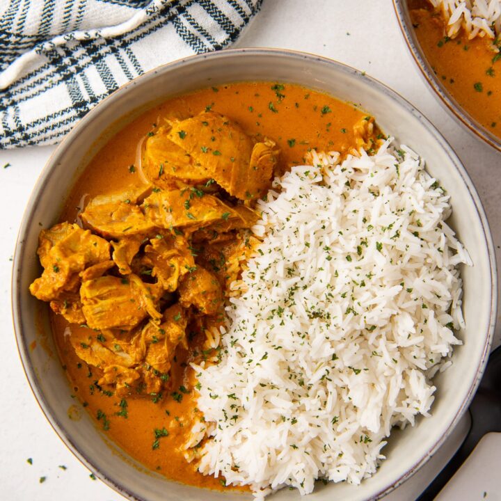 Bowl of Instant Pot Butter Chicken with White Rice