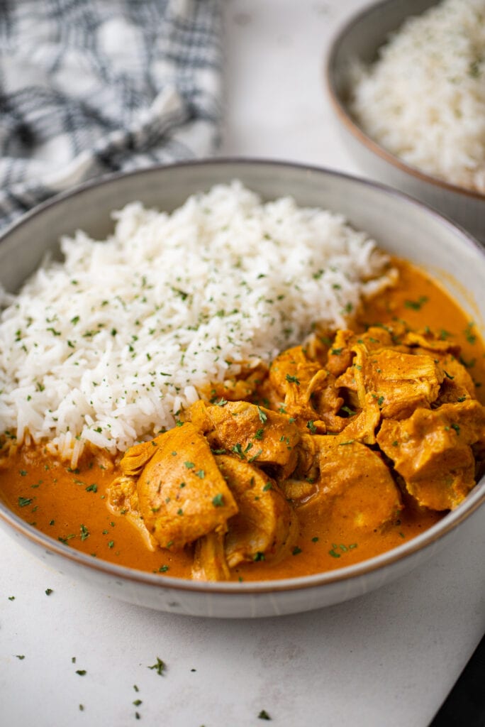 Close-up photo of Instant Pot Butter Chicken with white rice