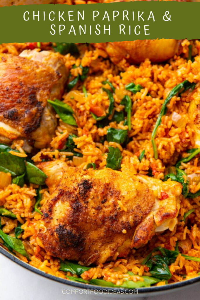 Pinterest Pin for Chicken Paprika and Spanish Rice